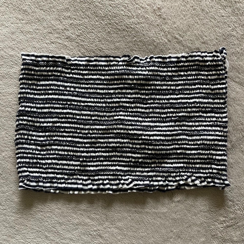 Black and White Striped Bandeau Ruched Crop Top